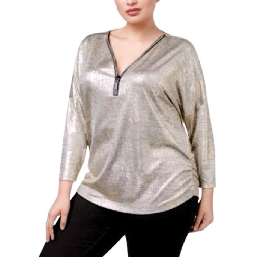 ❤️ 🆕 JM COLLECTION Metallic Top, zip front, Silver Disco Dot SIZE LARGE